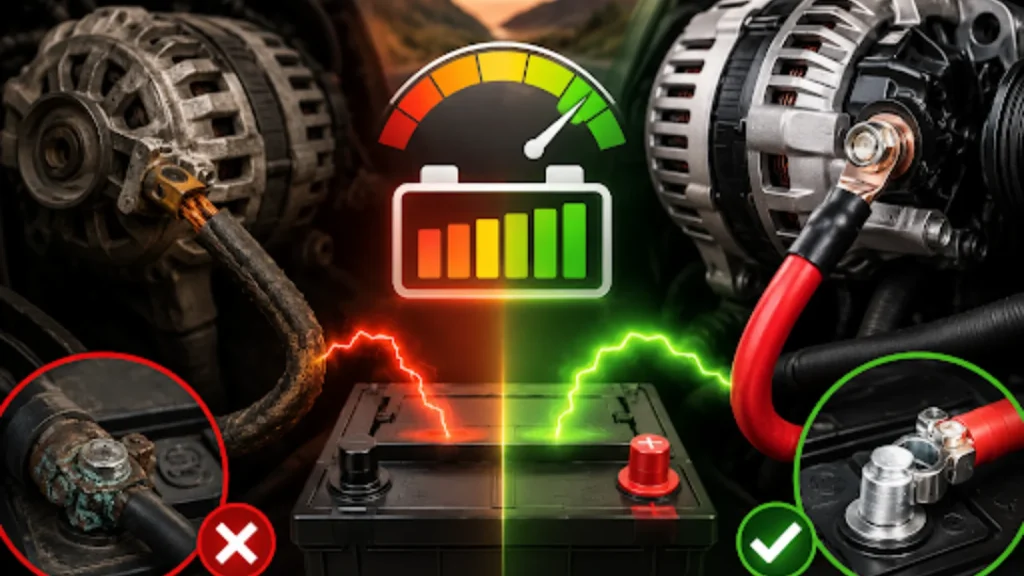 Heavy-duty custom alternator cable installed on a Dodge Ram charging system